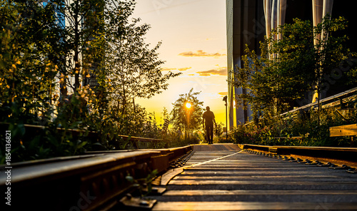 New York, USA, 8 August 2025: Cyclist at golden hour. Cyclist riding through golden hour light along the rails of Manhattan’s High Line.