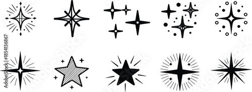 Set of hand drawn black sparkle icons and glowing star symbols with magic twinkle effect vector