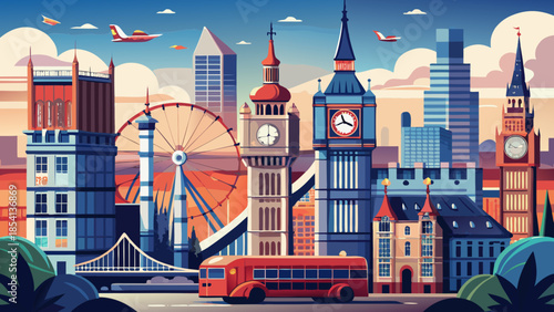 Very beautiful illustrated composition featuring iconic London symbols including Big Ben, red double-decker buses, and classic phone booths, representing British culture and urban identity.