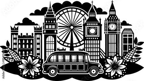Very beautiful illustrated composition featuring iconic London symbols including Big Ben, red double-decker buses, and classic phone booths, representing British culture and urban identity.