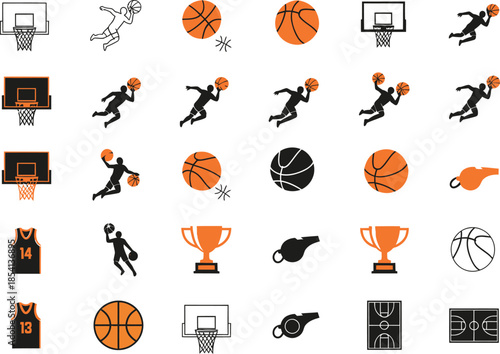 Basketball Themed Icons Including Players Hoops Trophies Whistles and Jerseys Keywords: basketball, player, dunk, hoop, net, trophy, whistle