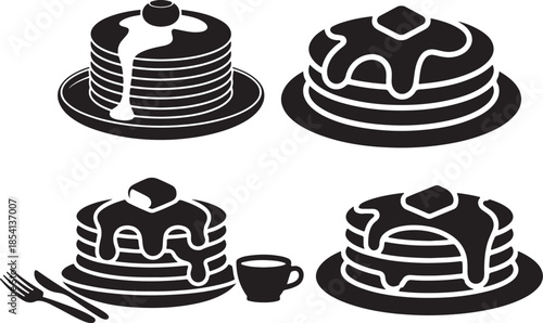 Set of Stack of Pancakes Silhouette Vector Illustration, Black and White Breakfast Icon