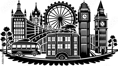 Very beautiful illustrated composition featuring iconic London symbols including Big Ben, red double-decker buses, and classic phone booths, representing British culture and urban identity.