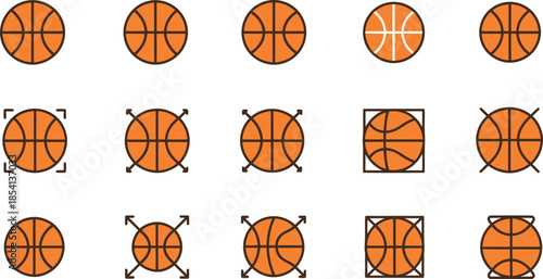 Collection of Basketball Icons and Symbols with Different Designs Keywords: basketball, sport, game, ball, orange, outline, icon, symbol, graphic