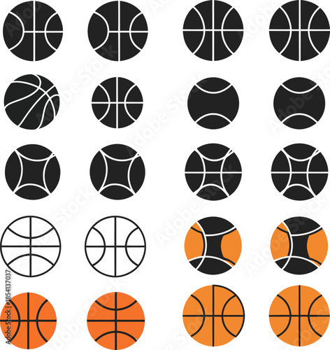Collection of basketball icons and symbols in various styles and colors sport game