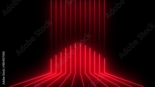 Vertical Red Neon Light Streaks Forming a Glowing Archway or Stage Entrance on a Black Background with Perspective Lines Keywords: abstract, background, black, bright, clean, color, computer, dark