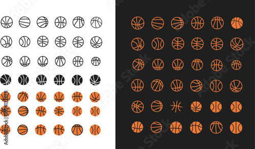 Collection of basketballs in black and orange on white and black backgrounds Keywords: basketball, ball, sport, game, competition, round, sphere