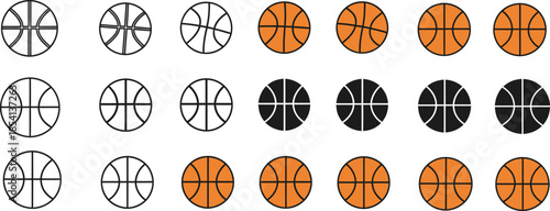 Grid of Eighteen Basketball Icons in Outline and Solid Fill Styles sport game