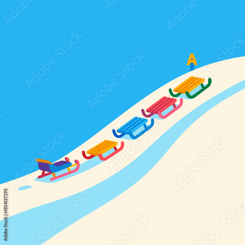 Colorful sleds sliding down snowy slope in flat isometric style for Sledding in Small Hills concept against blue sky background