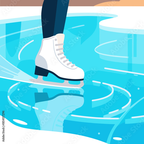 Close up white figure skate with blade trace on blue ice for Ice Skating on Natural Ponds concept