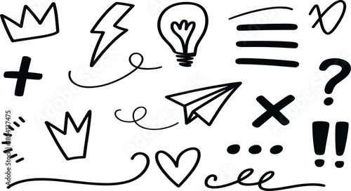 Set of hand drawn black doodle icons with various symbols like crown, lightbulb, heart and paper plane