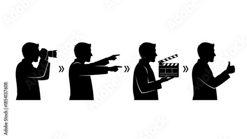 Movie Director Silhouette Vector Showing Camera Look Cue Signal Clapperboard and Scene Approval Poses