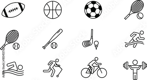 Sports Icons Including Football Basketball Soccer Tennis Baseball Golf and Cycling Keywords: sport, icon, football, rugby, ball, basketball