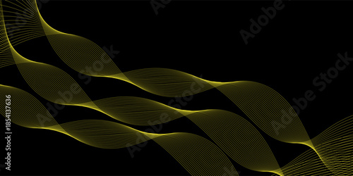 Vector abstract art with gold, wave line pattern, light shiny, texture on dark, black color background. modern graphic design for wallpaper, banner. Futuristic technology concept