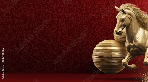 Simple stroke of golden horse illustration silhouette on red background, of Chinese new year, year of the horse