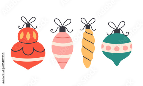 Cute gentle hand drawn Christmas tree toys. Festive decorations on winter holidays. Flat vector illustration