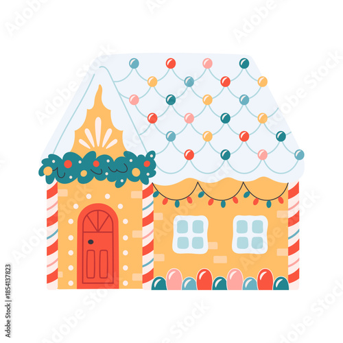 Cute house with festive sweets Christmas decorations and with snow on the roof. Christmas candy shop. Confectionary store. Flat vector illustration