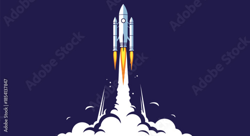 A powerful spacecraft ascends into the dark cosmos, propelled by fiery exhaust and billowing clouds of smoke.