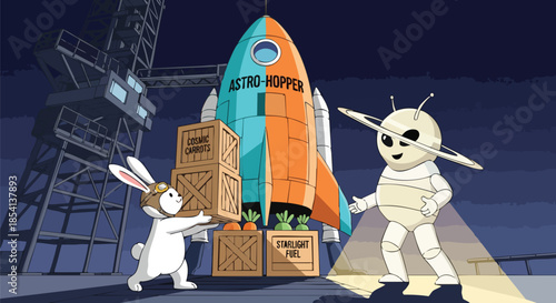 A cartoon rabbit and an alien character prepare a rocket for a fun space adventure with cargo crates.