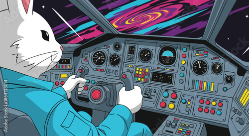 A whimsical rabbit astronaut confidently steers a high tech spaceship amidst a breathtaking, colorful galaxy, exploring the boundless universe.