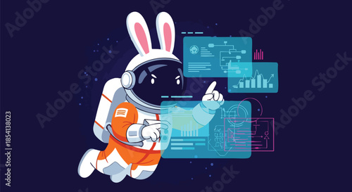 An adorable astronaut rabbit in a space suit interacts with advanced holographic data screens, representing digital innovation and future technological exploration.