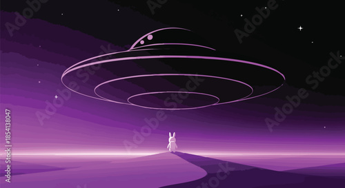 A mysterious flying saucer hovers silently above a small, solitary figure on a vast, purple alien landscape, illuminated by a distant, starry night sky.
