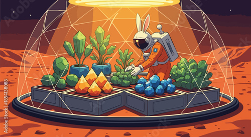 An adorable rabbit astronaut meticulously cultivates a vibrant array of alien plants within a futuristic biodome on the desolate Martian landscape.