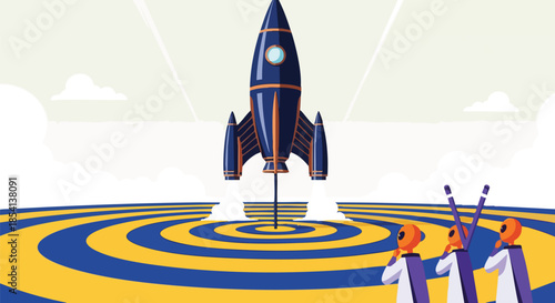 A dynamic illustration depicts a sleek blue rocket launching from a vibrant target, symbolizing business startup success, innovation, and strategic goal achievement.
