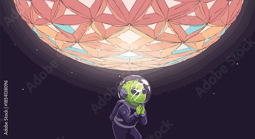 A curious alien astronaut gazes in awe at a massive, intricately patterned celestial body or futuristic structure in the vast cosmic expanse.