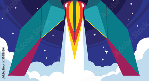 A vibrant, geometrically styled rocket launches powerfully, its colorful exhaust plume illuminating the dark, star-filled night sky, symbolizing exploration.