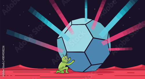 A curious green alien creature interacts with a mysterious, large polygonal sphere emitting vibrant blue and pink light rays on a desolate alien planet.