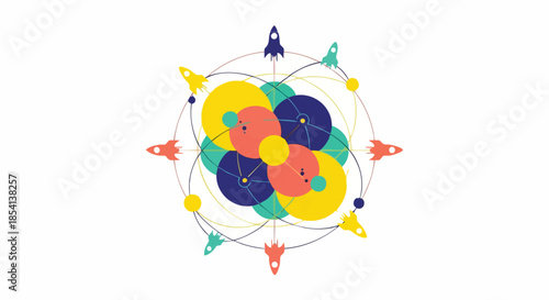 Abstract geometric mandala design featuring colorful orbiting rockets and interconnected circles symbolizing innovation and space exploration.