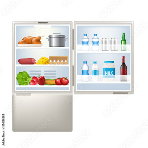 Refrigerator with groceries. Vector 3d illustration isolated on white background.