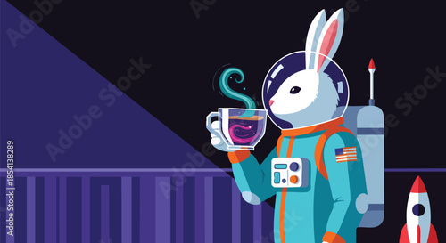 Whimsical rabbit astronaut in a spacesuit enjoys a steaming cup of coffee while gazing at the cosmos from a futuristic balcony.