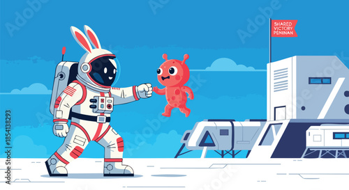 Friendly astronaut with bunny helmet meets a small alien creature on a distant planet near a futuristic outpost.