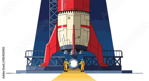 Two astronauts in protective suits stand at the base of a massive red rocket poised for launch on a platform.