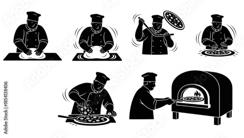 Pizza Maker Silhouette Vector Showing Dough Kneading Tossing Topping and Oven Use Poses