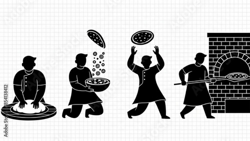 Pizza Maker Silhouette Vector Showing Dough Kneading Tossing Topping and Oven Use Poses