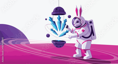 Whimsical rabbit astronaut in a spacesuit explores a cosmic garden filled with glowing carrots and planets.