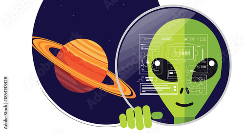 An alien extraterrestrial using advanced technology to observe Saturn from outer space with scientific data displayed on its screen.