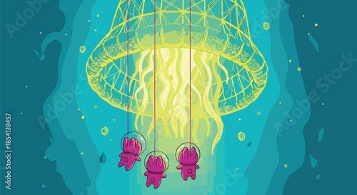 Whimsical cartoon astronauts in helmets float in deep blue water near a glowing jellyfish-shaped structure.