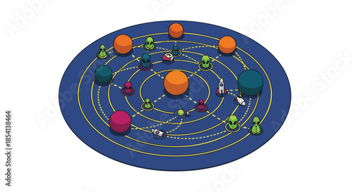 Abstract representation of a solar system model with interconnected planets and alien figures, symbolizing cosmic exploration and distant communication.