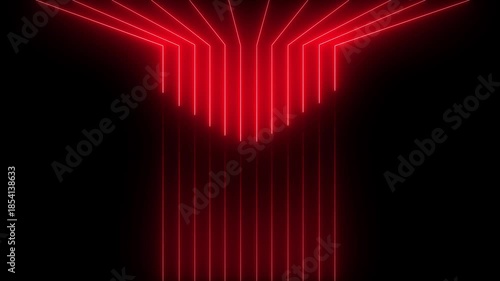 Abstract glowing red neon lines forming an inverted arch or funnel shape against a dark black background with vertical lines extending downwards and outward lines creating a dynamic and energetic