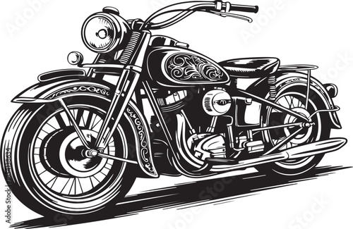 Detailed vector line art of a vintage black motorcycle with ornamental details on a white background