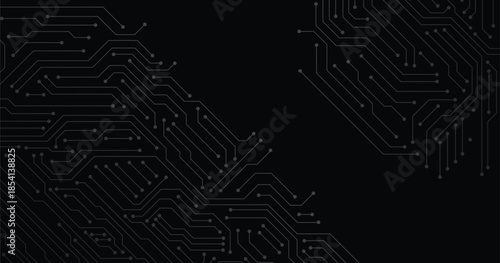 Circuit white lines with electronics elements on black backdrop for Technology or Science design. Digital circuit board with electronic system for UI and GUI or gaming interface. Vector illustration.