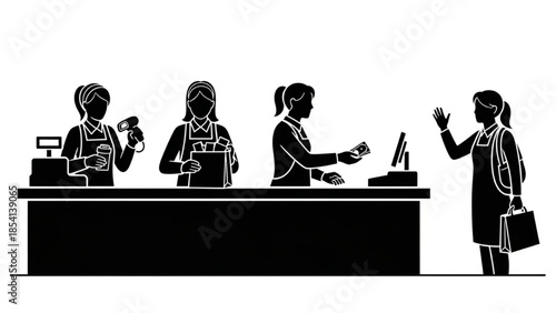 Shop Cashier Silhouette Vector Showing Scanning Packing Change and Waving Poses