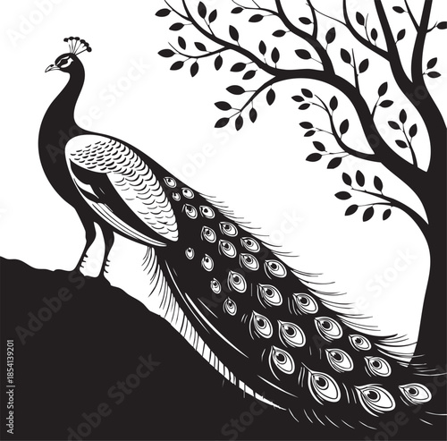 Elegant peacock stylized black and white illustration perched near a tree, showcasing detailed plumage and silhouette in monochrome design