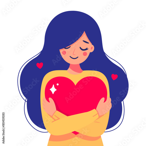 A young woman holds heart in her hands on isolated background. Cute girl hugs a big pink heart for Happy Valentine's Day card
