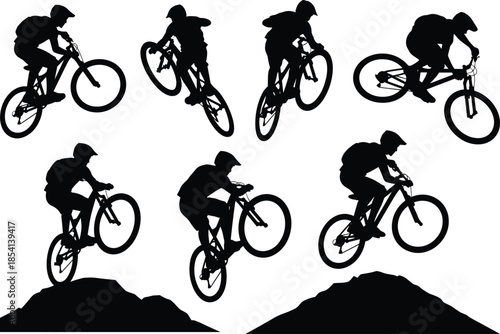Mountain bike silhouette tricks, extreme cycling poses, downhill rider action, vector illustration for sport, adventure, and outdoor design