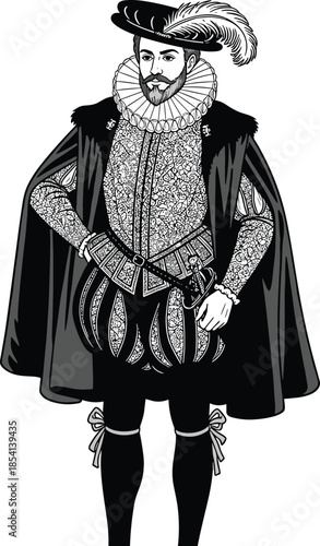 Renaissance man silhouette in historical costume, feathered hat, ruffled collar, vintage fashion vector for theater, education, and design